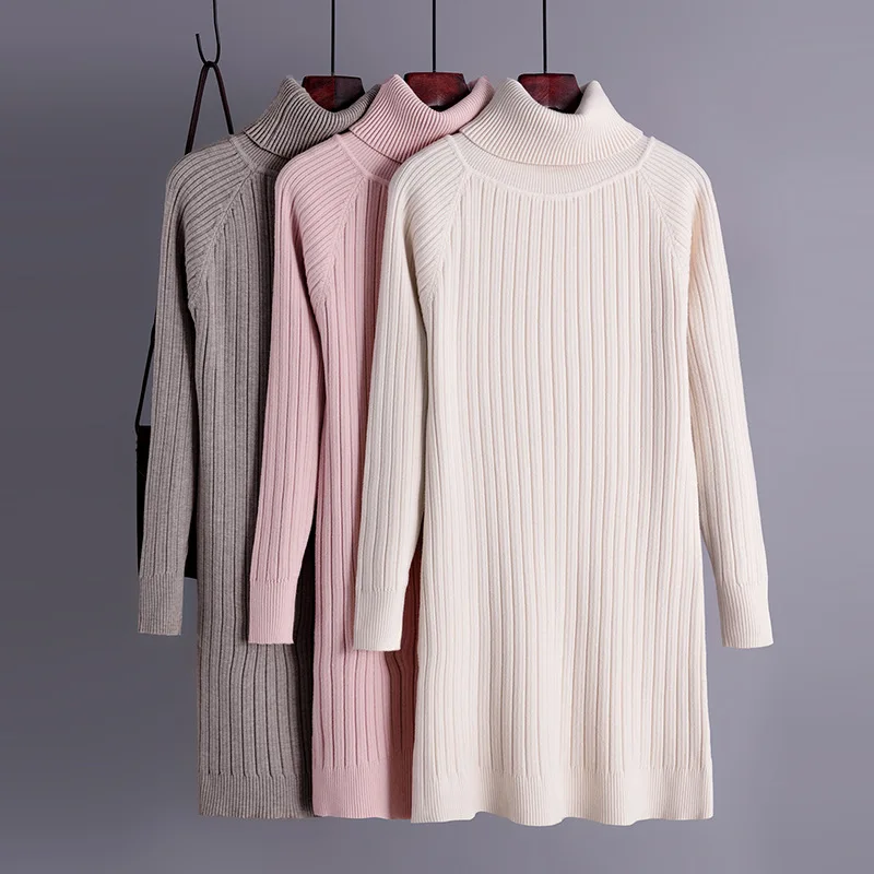 

Autumn Winter short thick Sweater Dress Women turtleneck Long Sleeve straight Knit casual mini Dress female girl loose dress