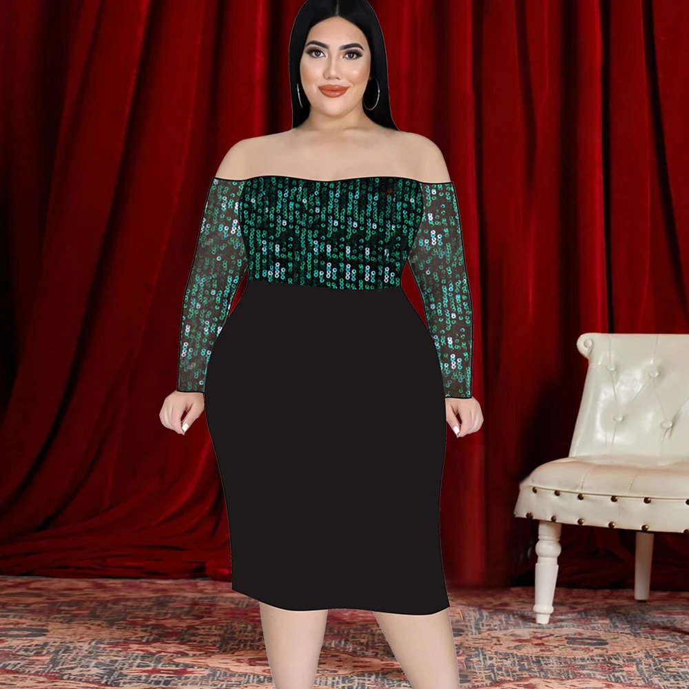 Curvy Dress Plus Size Sexy Bodycon Patchwork Off Shoulder Long Sleeves Sequins Dresses for Women Cocktail Evening Party Winter