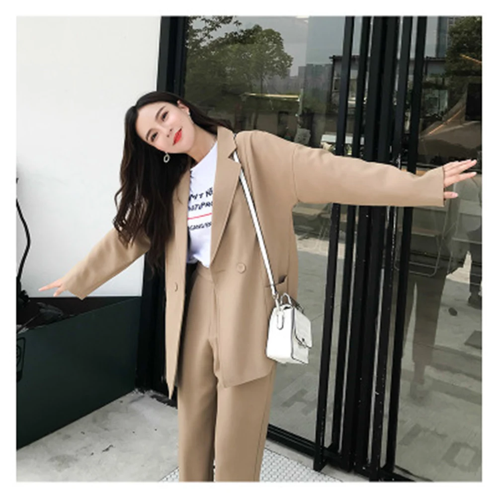 Casual Solid Women Pant Suits Notched Collar Blazer Jacket &amp Pencil Khaki Female Suit Autumn 2019 High Quality | Женская одежда