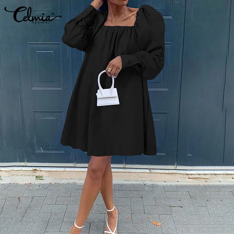 

Celmia Women Fashion Long Gigot Sleeve Mini Dress 2021 Autumn Casual Square Collar Sexy Short Robe Elegant Ladies Party Vestidos