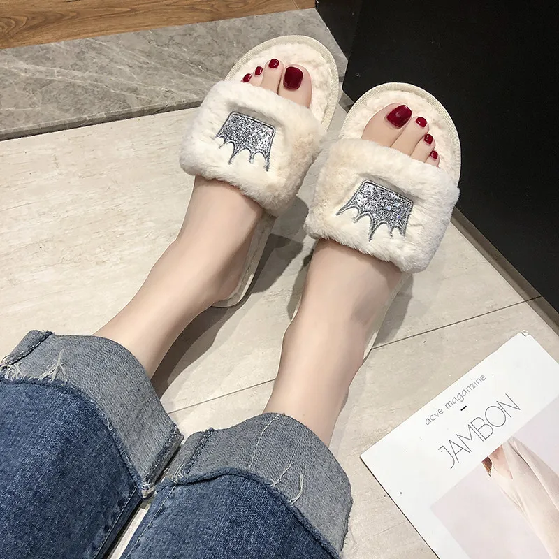 

COOTELILI Winter Women Home Slippers with Faux Fur Fashion Warm Shoes Woman Slip on Flats Female Slides Sequin Crow Black Pink