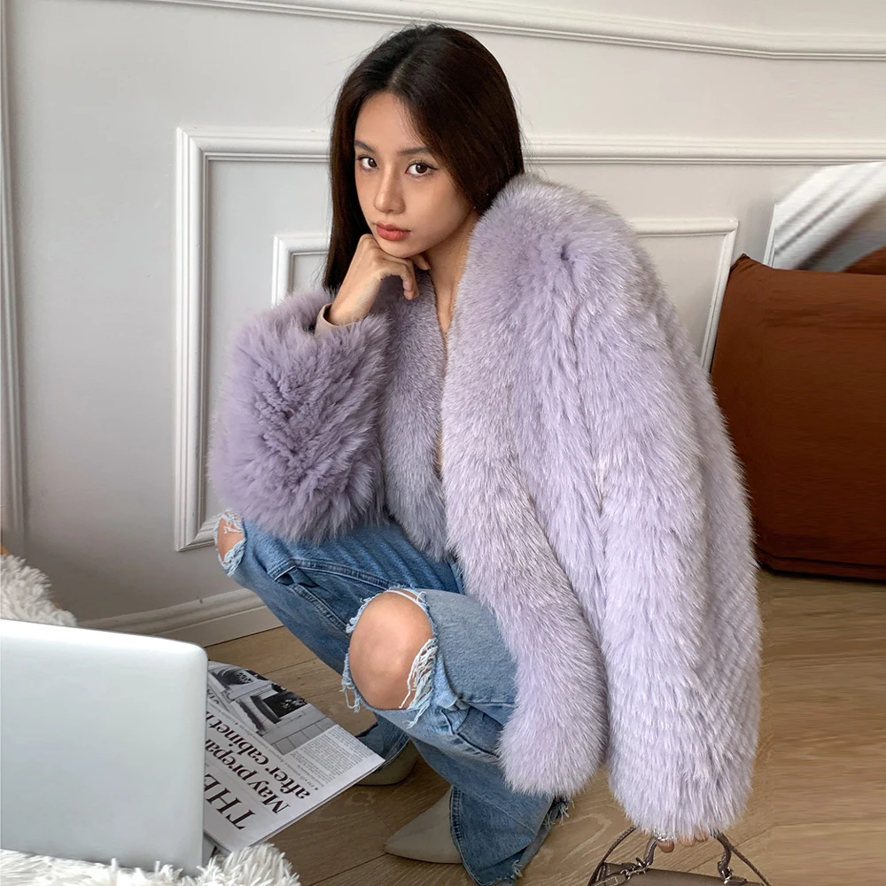 Light Purple Natural Fox Fur Jacket V-neck Winter Fashion Woman Genuine Leather Fox Fur Coat Casual Women's Real Fur Overcoat