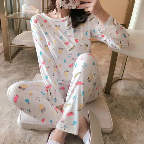 Pajamas suit Осенне-зимний пижамный комплект для женщин, полосатый хлопковый Длинный топ, длинные штаны, комплект из 2 предметов, пижамный комплект для женщин, милая одежда для сна, пижама для девочек - Color: Pajamas suit