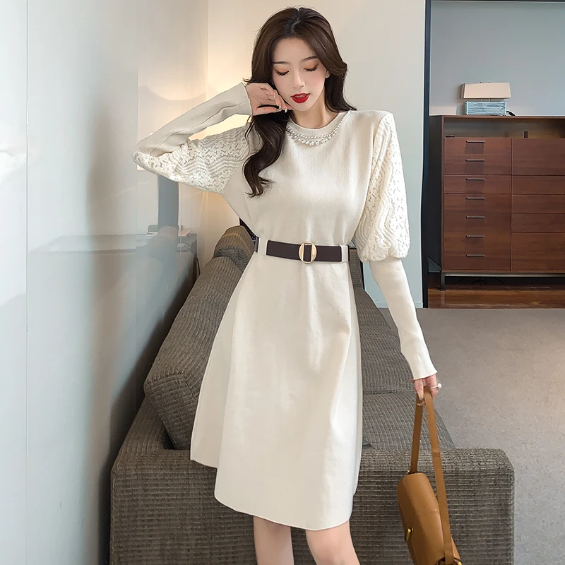 

Женское трикотажное платье-свитер, элегантное кружевное платье-свитер с длинными рукавами, украшенное бисером, в Корейском стиле, Осень-зим...