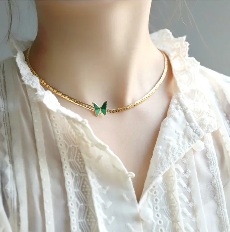

New Arrivals Green Crystal Butterfly Necklace Collars Collier Stainless Steel Gold Color Cuban Chain Necklace Wholesale Party