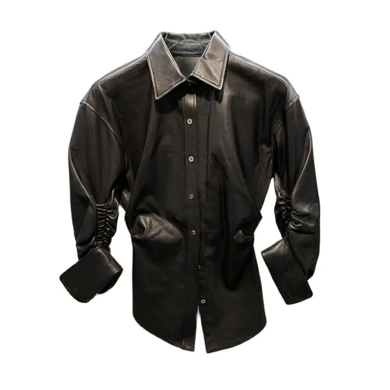 

Niche design PU shirt women 2021 irregular mid-sleeve pleated leather shirt jacket faux leather blouse womans tops vintage top