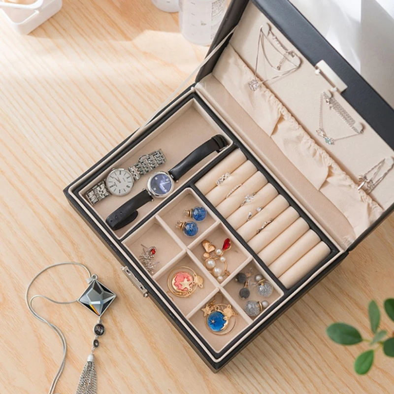 

N58F Jewelry Box for Women 2 Layer Jewelry Holder Leather Jewelry Boxes & Organizers with Lock and Removable Jewelry Cases