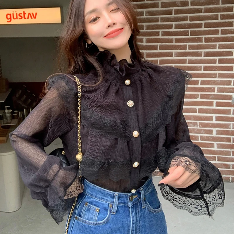 Stand collar chiffon shirt female Ruffled Long sleeve 2021 Loose Ladies Lace Women Shirts Blusas Feminine harajuku shirt 228F