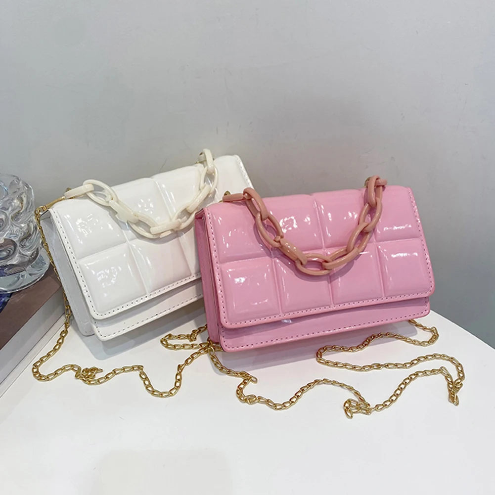 

Women Retro PU Leather Fashion Checkered Pattern Shoulder Crossbody Bags Solid Color Casual Ladies Chain Small Messenger Handbag