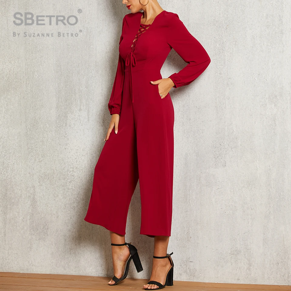 SBetro Red olid Lace Up Front Wide Leg Jumpsuit Autumn Ladies High Waisted Playsuit Bohemian Long Sleeve women | Женская одежда