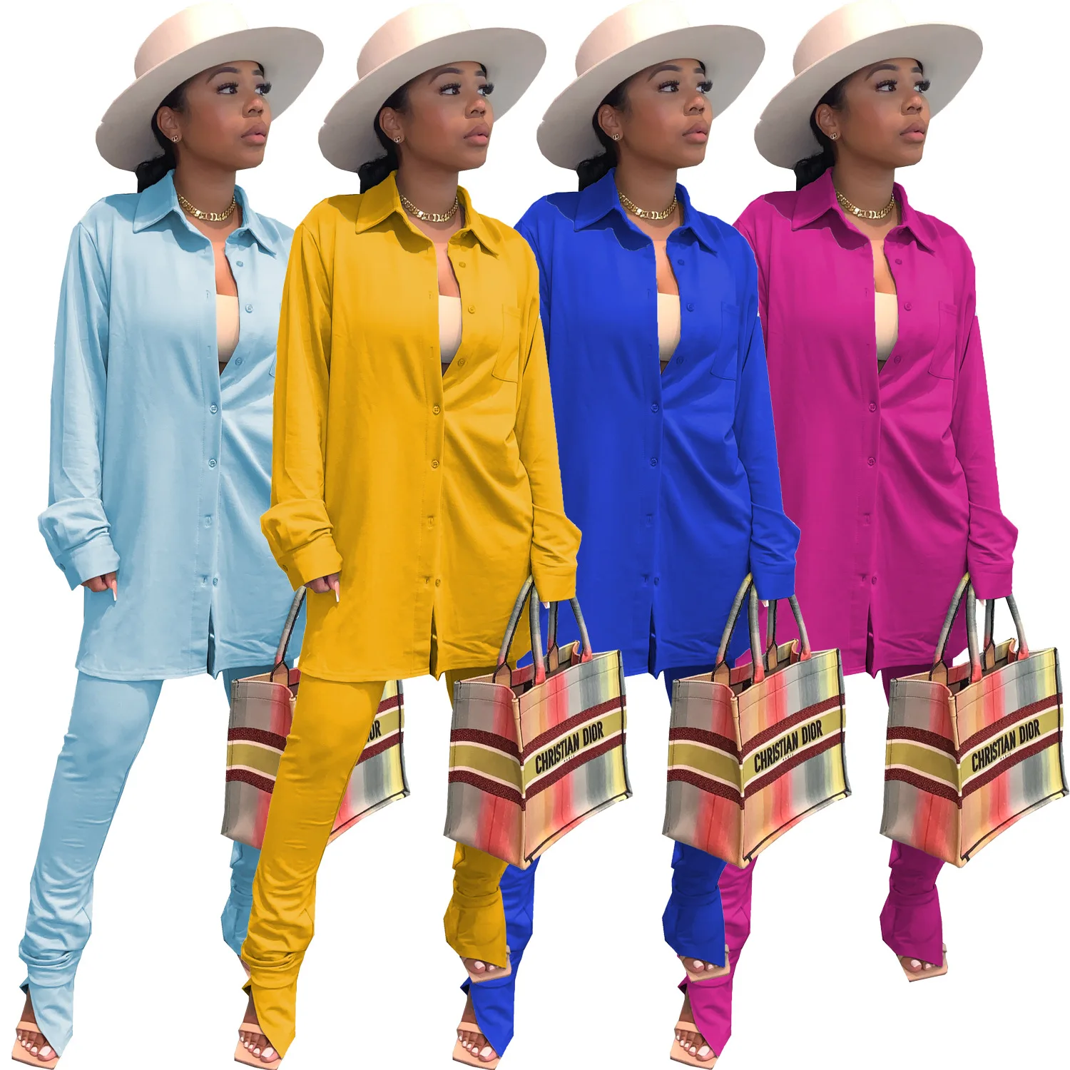 

Casual Basic Blouse Outfits Turn Down Collar Loose Shirts + Split Hem Flare Stacked Pant SuitsSolid Color Women Two Piece Set