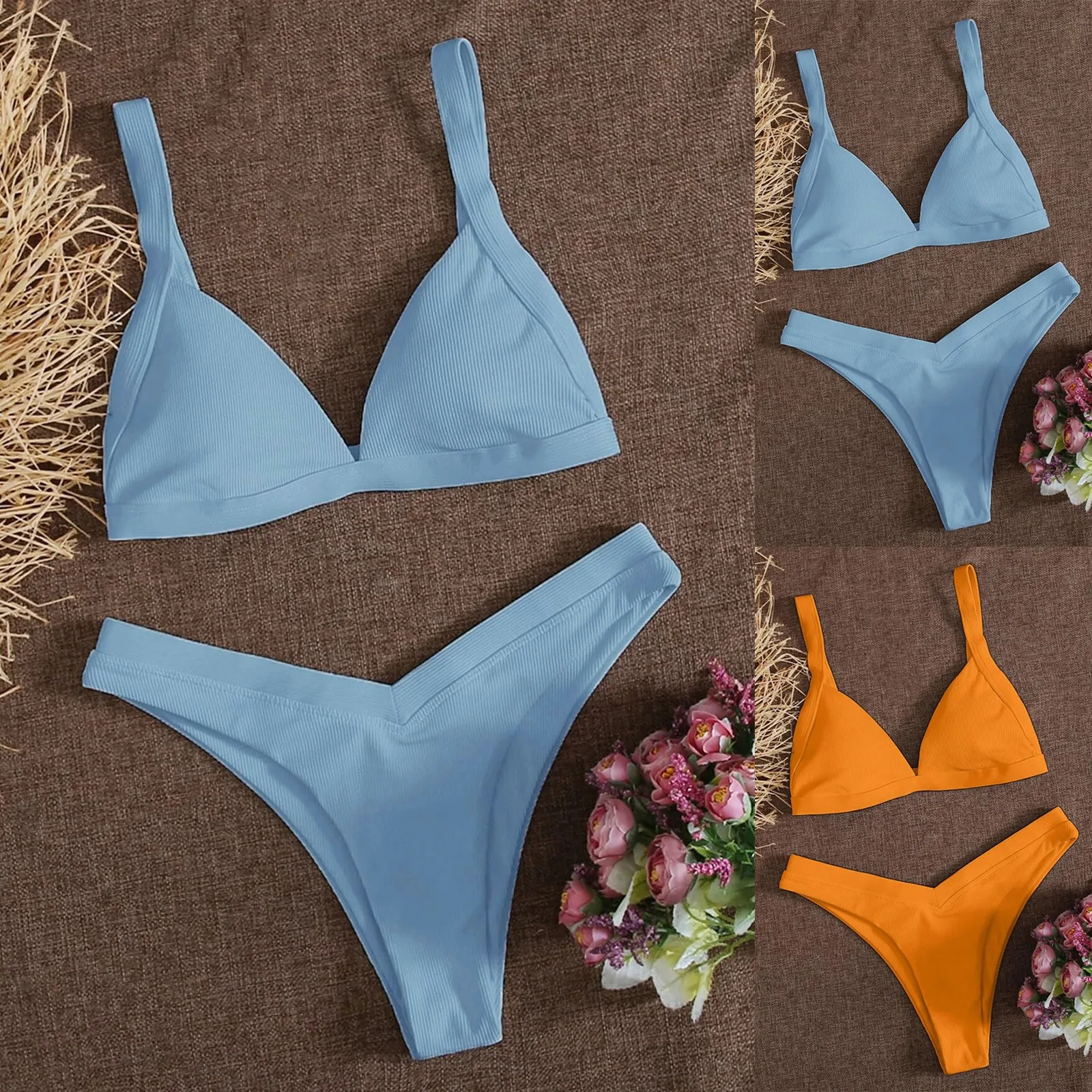 Женский летний купальник бикини пуш ап комплект Однотонный женский купальный