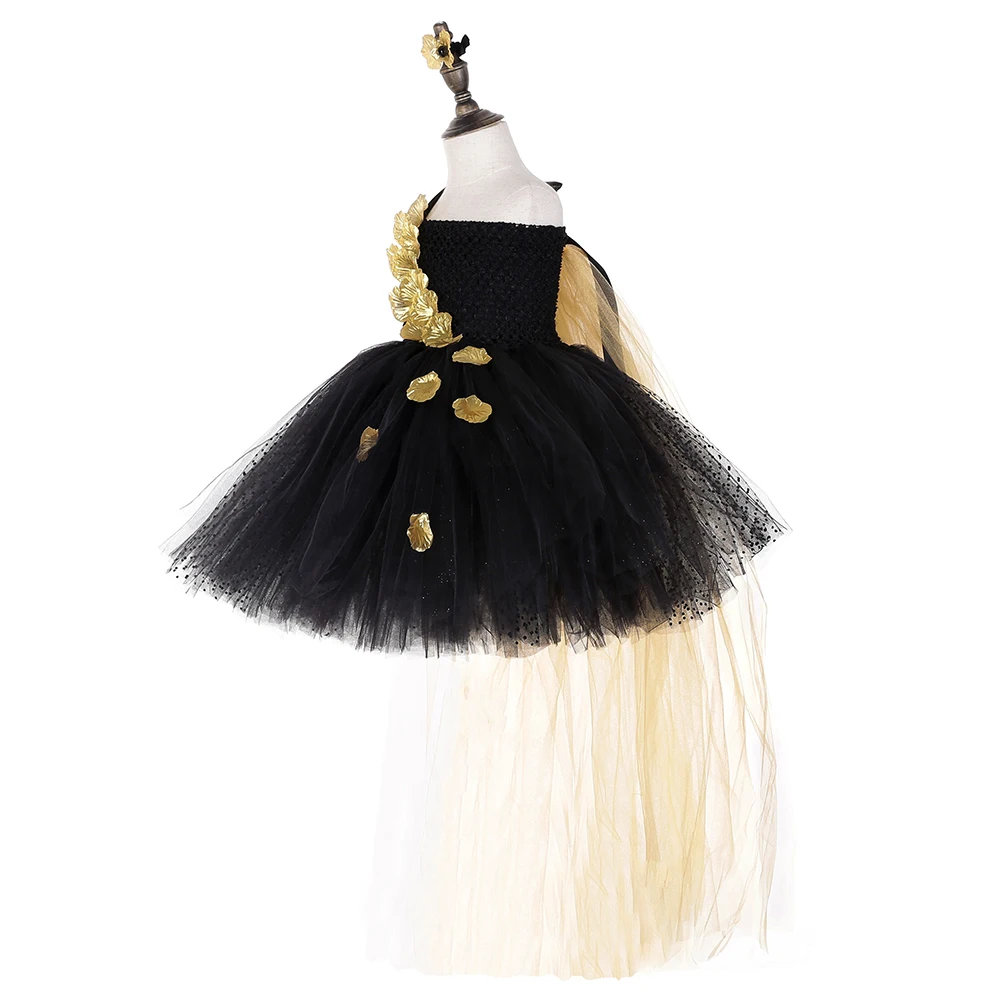 Платье-пачка с лепестками черного и золотого цветов вечернее пышное свадебное