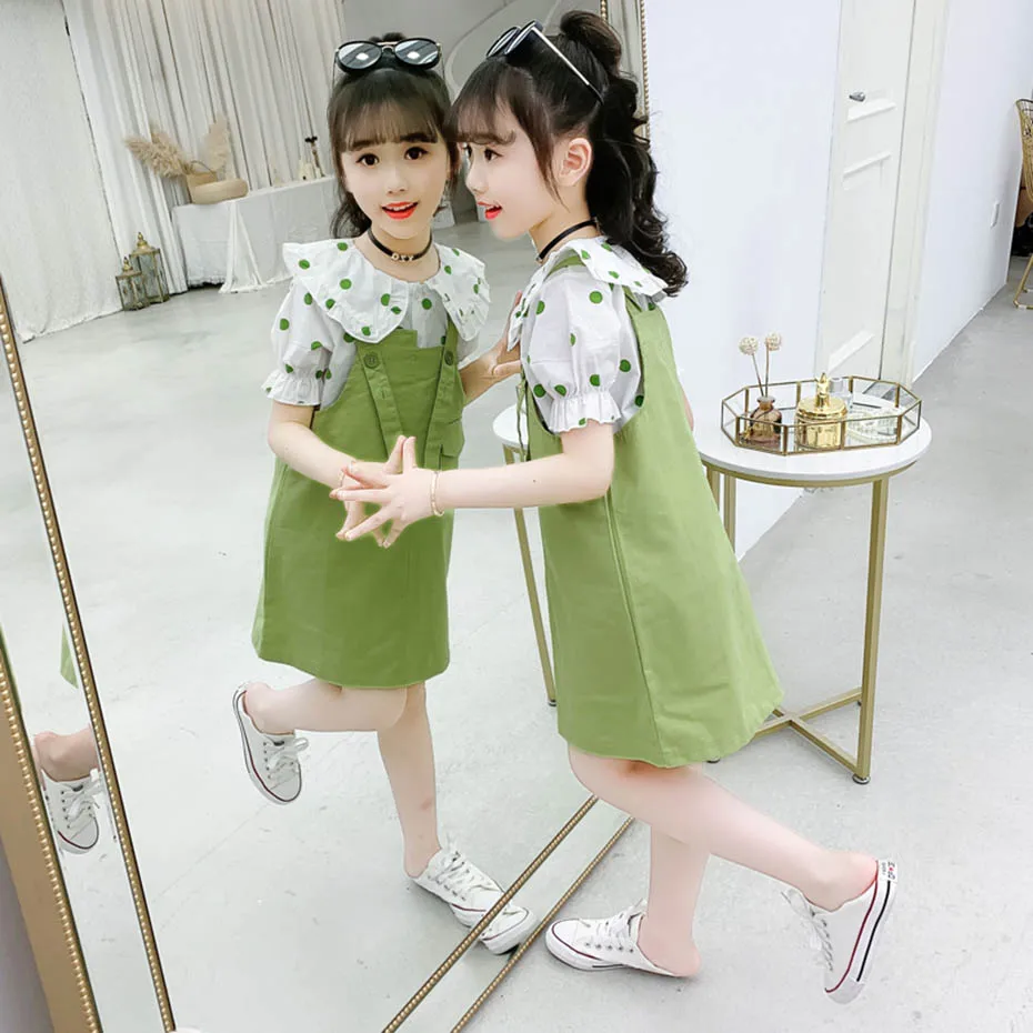 Girls Summer Clothes Dot Teenage Clothing Blouse + Jumpsuit For Butterfly Sleeve Children's Suits |