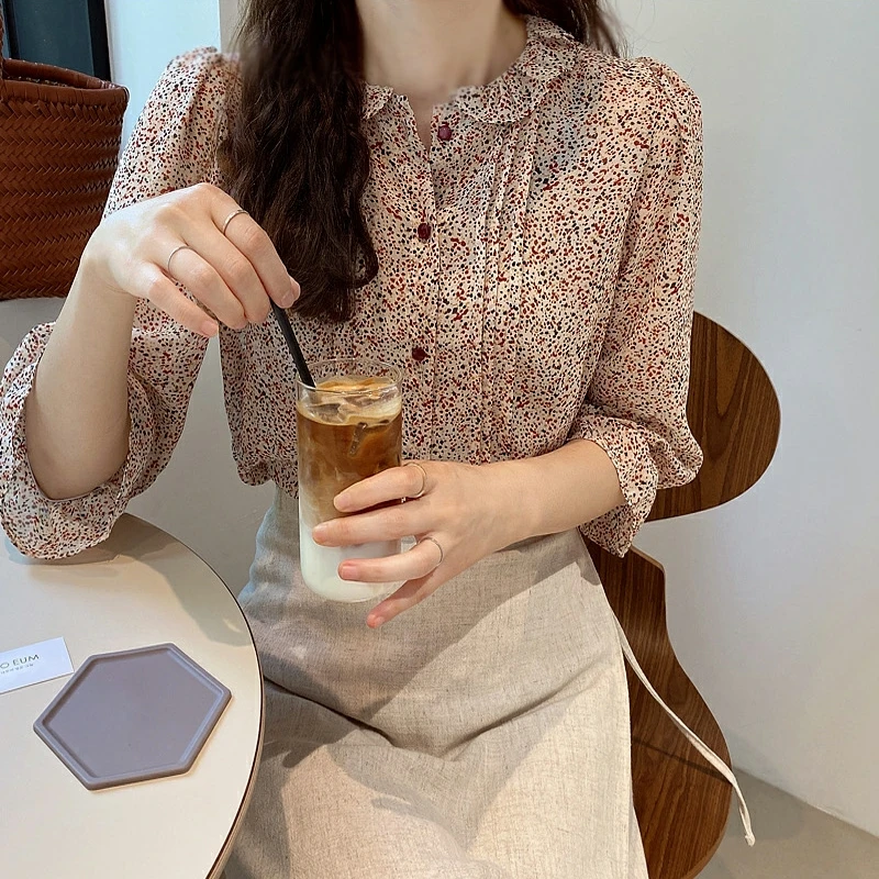

Chiffon Women's Blouse Loose Girl's Shirt Summer Season Print Long Sleeve Top Plus Size O-neck Casual Lady Blusas Houthion