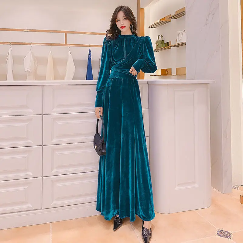 

Velvet Solid Color Suit Women's High-end Feminine Retro Wide-leg Pants and Short Bandage Tops Two Piece Sets