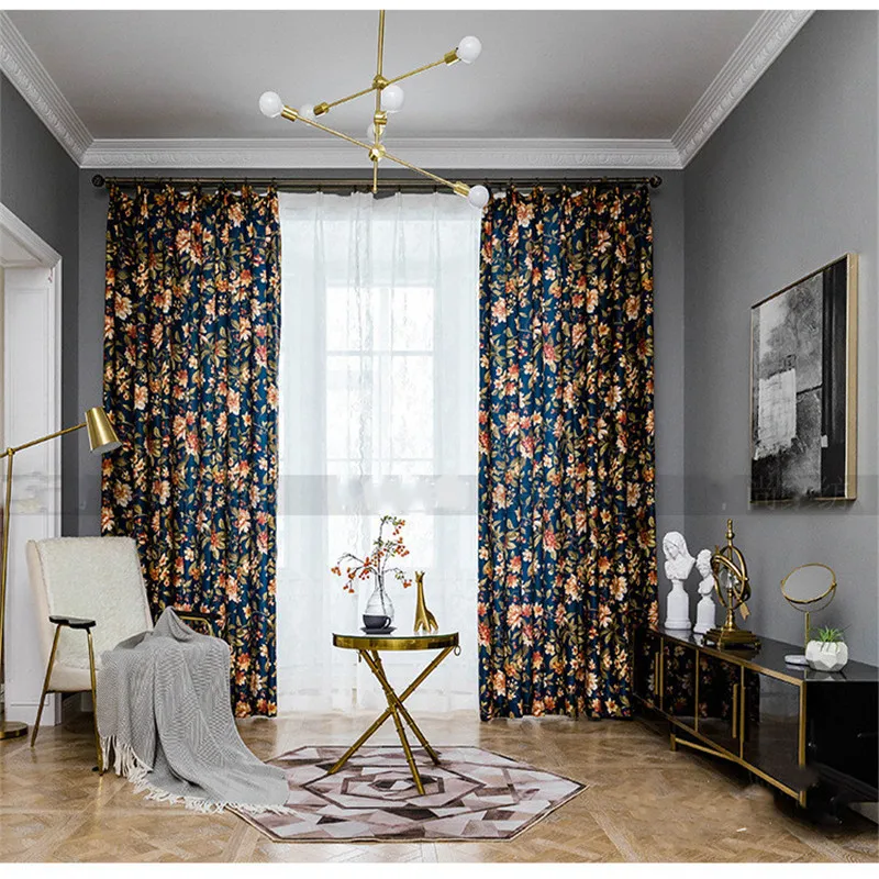 Затемняющие шторы в американском стиле с принтом кантри современные темно синие