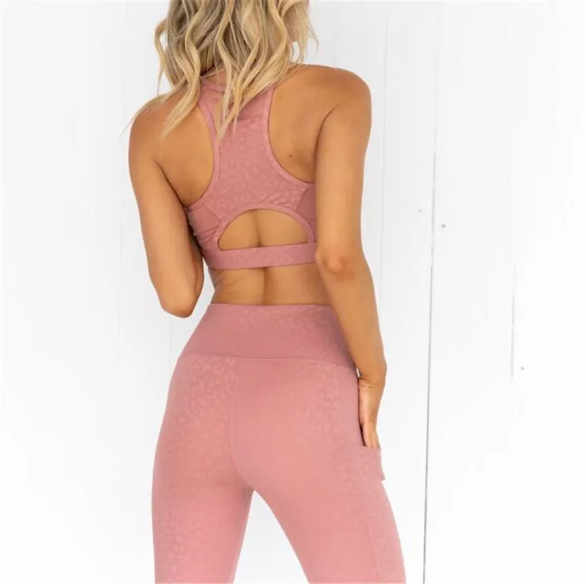 

2021 Pad Women Pink Leopard Print Pocket Yoga Set Gym Shockproof Sports Bras Sport Leggings Running Work Out Training Suit
