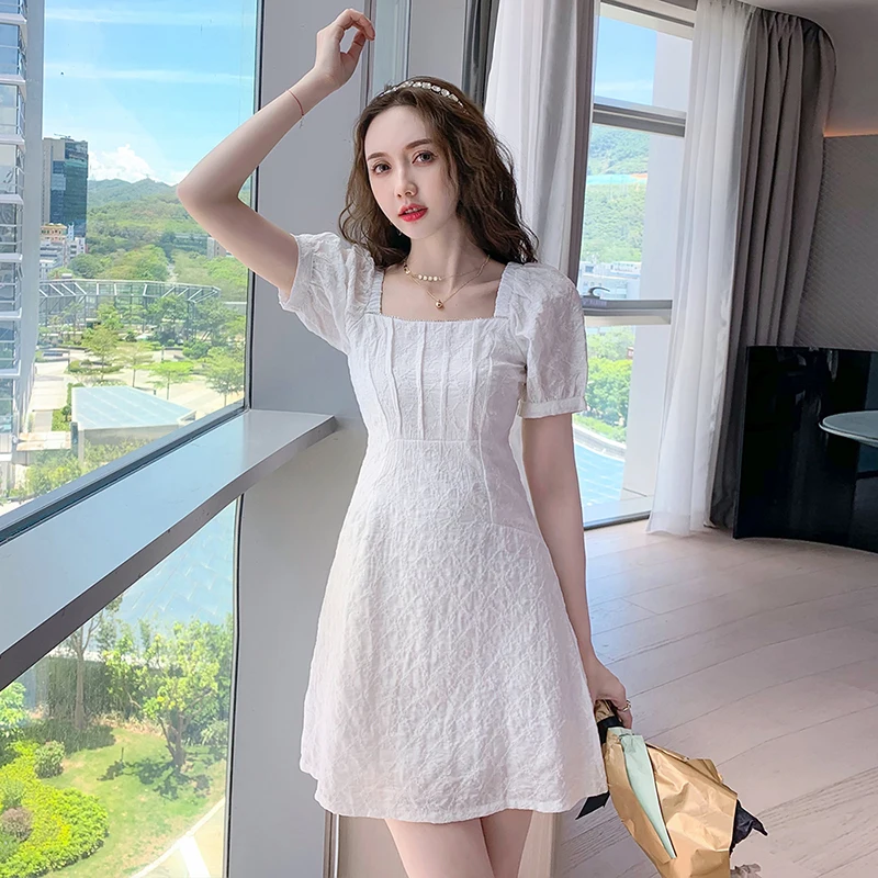 

Summer New White Short Sleeve Sexy Club Mini Dress Women Korean Vintage Solid Hepburn Dress 2023 Elegant Bodycon Party Vestidos