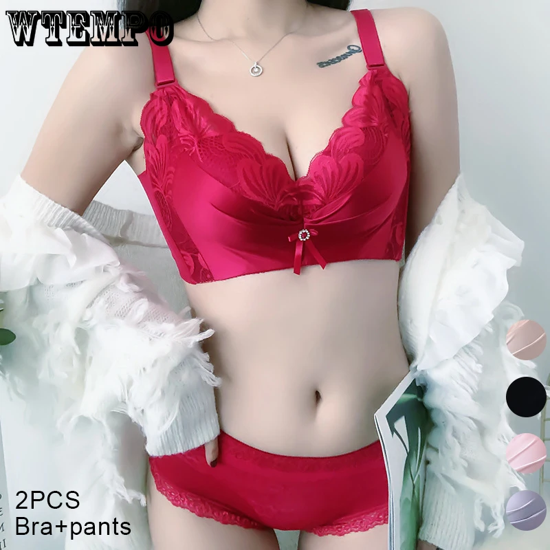 

Sexy Lace Bras Push Up Bras Set Women Lingerie Red Seamless Underwear Panties Deep V Brassiere Floral Wire Free Bralette Panty