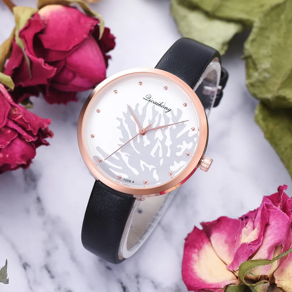 Модные женские часы с цветочным циферблатом кожаный ремешок Кварцевые наручные повседневные для девушек
