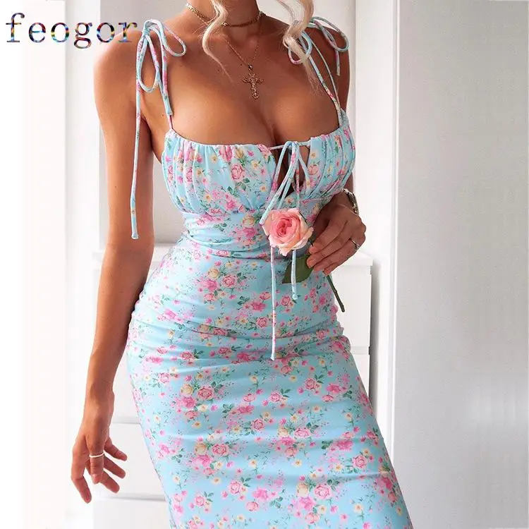 

FEOGOR Spring 2021 Amazon Wish New Hot Sale Slimming Temperament Printed Dress Women's long dress Casual dress ball gown