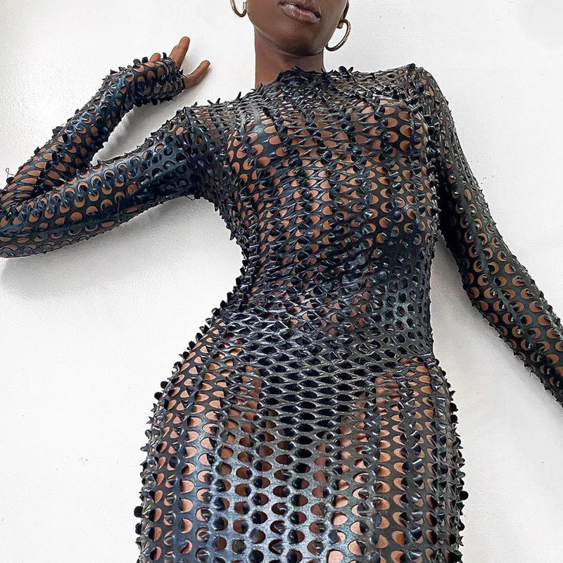 

Hollow Out Sexy Hot Party Dress for Women Long Sleeve Night Clubwear Bodycon Fashion Solid Hole Skinny Mini Dresses