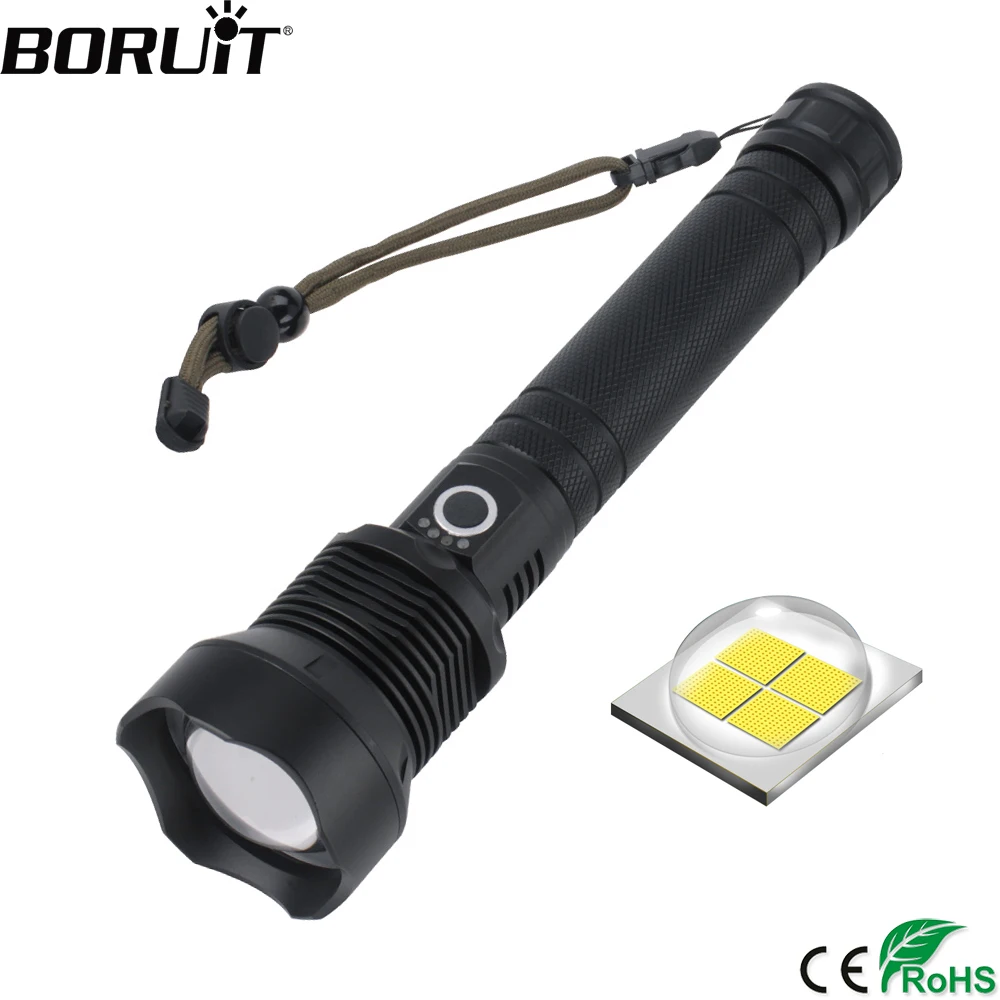 BORUiT мощный XHP70.2 светодиодный тактический фонарь с 3 режимами зум 3000LM факел Перезаряжаемые 18650/26650 походный фонарь для охоты