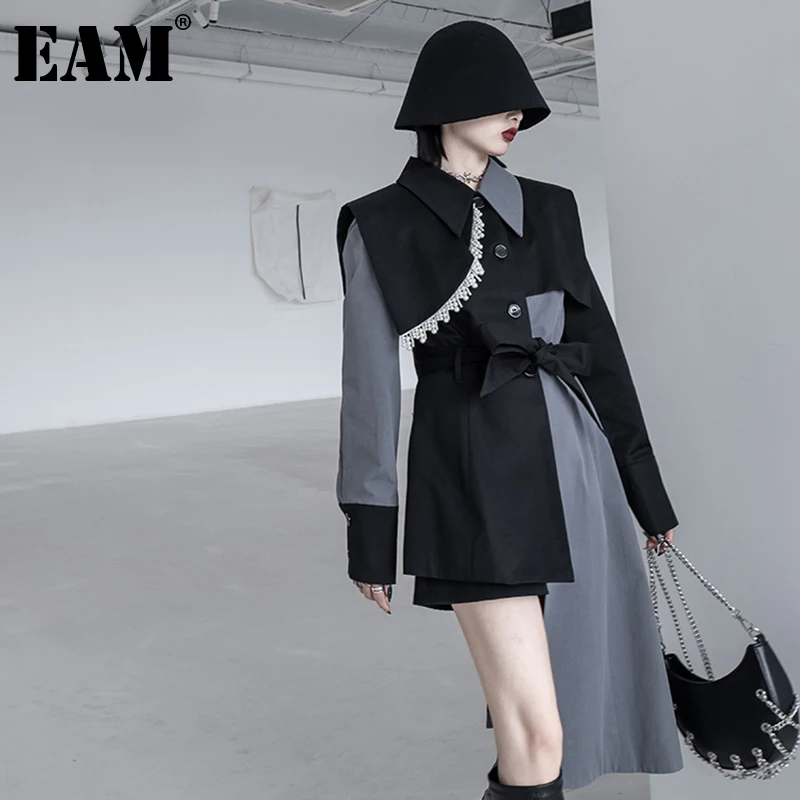 

[EAM] Women Gray Irregular Belted Trench New Lapel Long Sleeve Loose Fit Windbreaker Fashion Tide Spring Autumn 2022 1DE3778