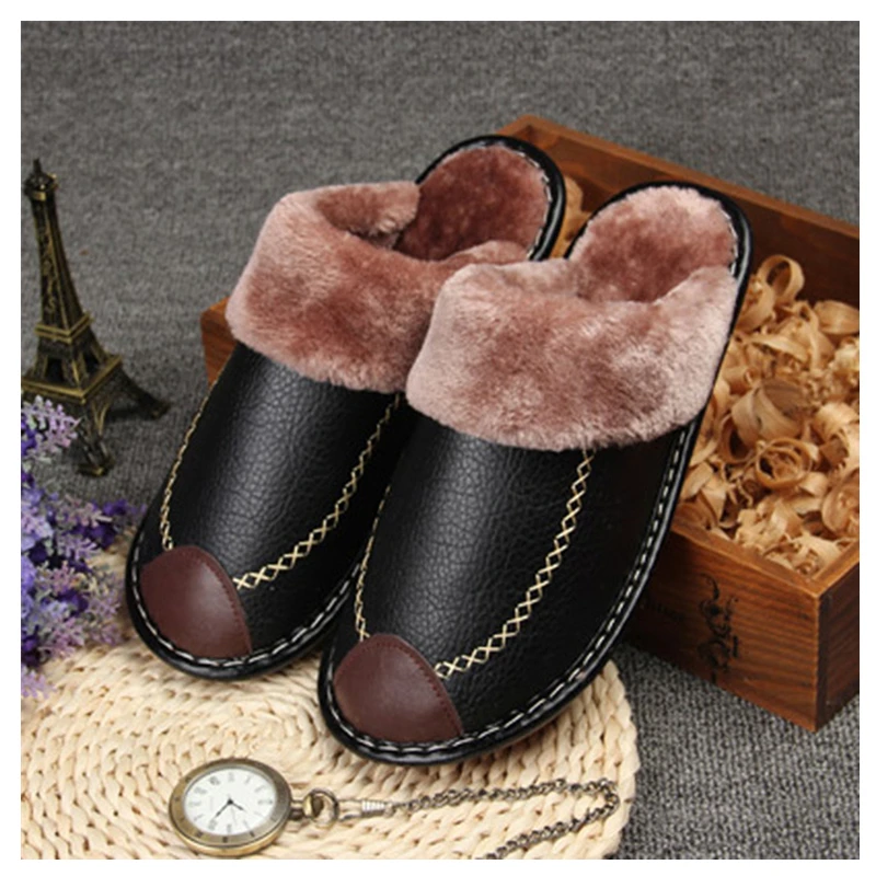 

Winter Men's Slippers Genuine Leather Home Indoor Non-Slip Thermal Shoes Men 2019 New Warm Winter Slippers