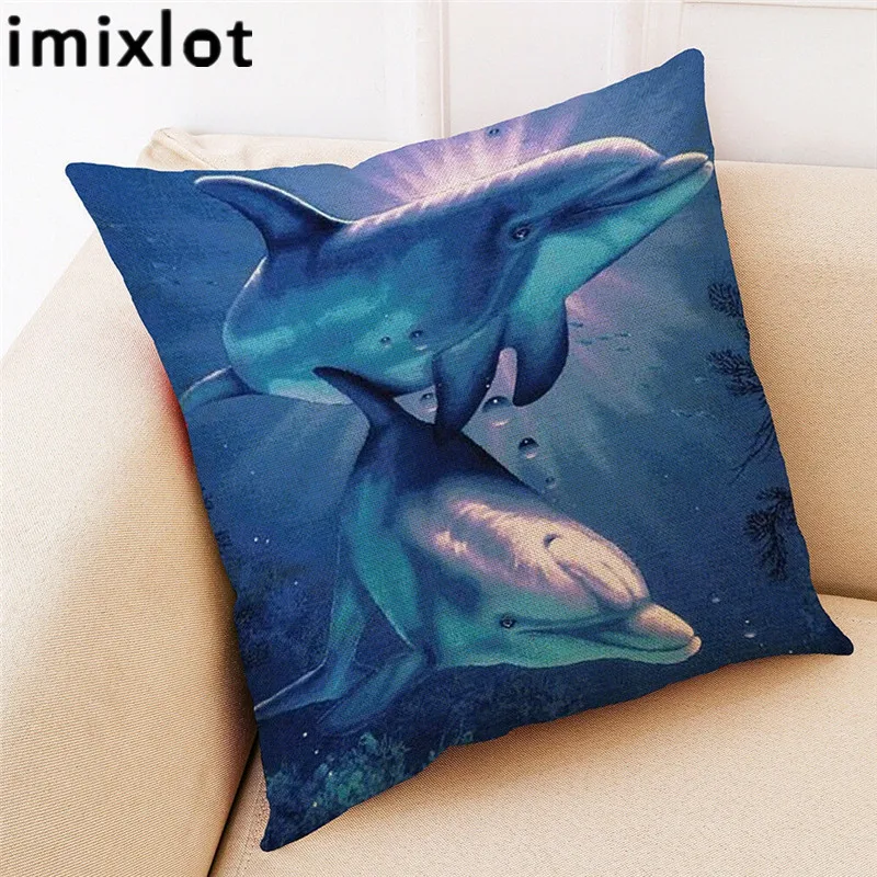 

Imixlot 18Inch Cute Dolphin Printed Linen Pillowcase Living Sofa Throw Seat Cushion Cover Home Decor