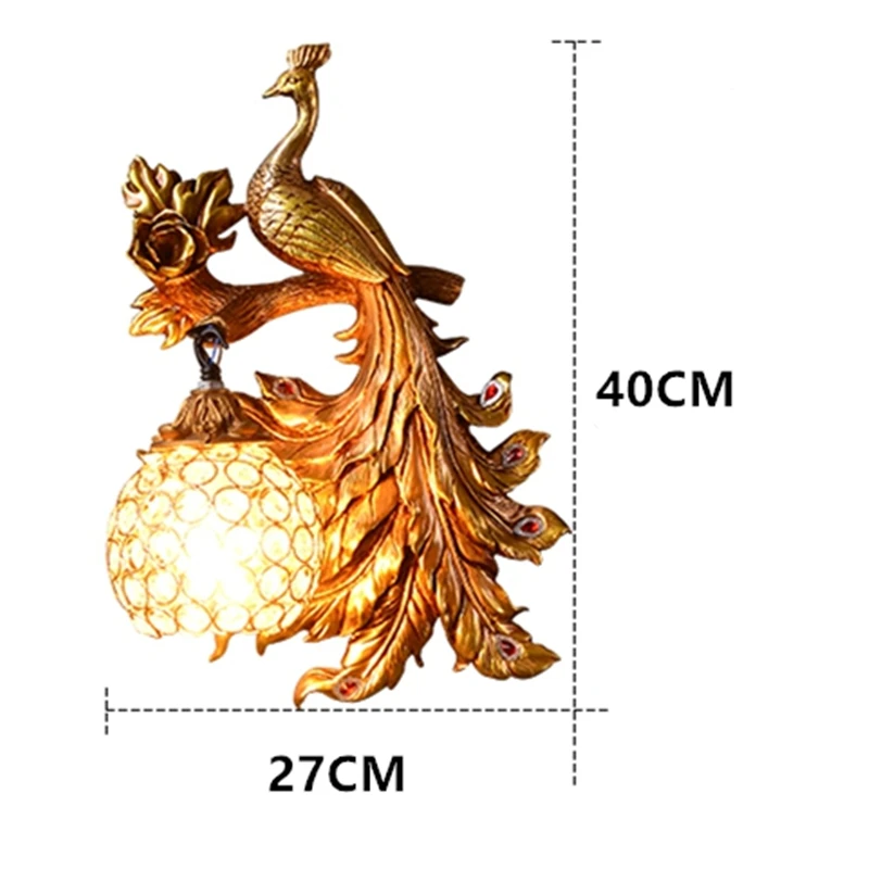 

Vintage Art Deco Peacock Resin Wall Lamp Gold Vanity Luxury Bedroom Holiday Decorations for Home Wall Sconce Lamp Mirror Light