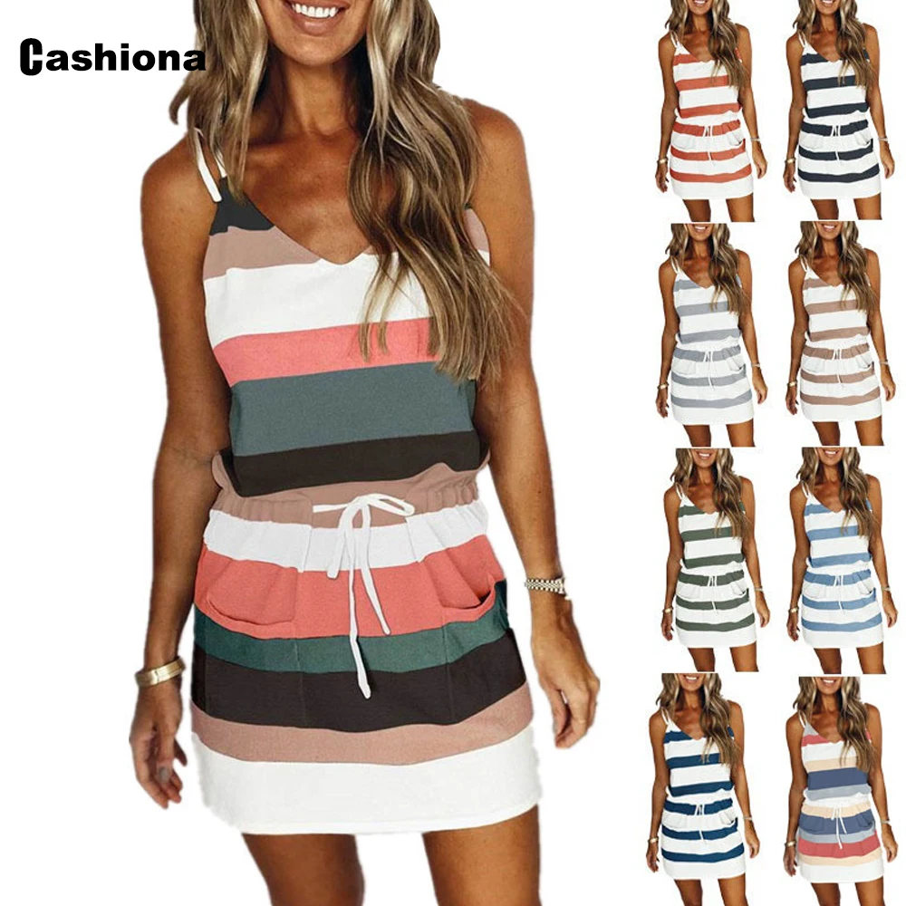 2021 Autumn Short Dress Mini Vestidos Sleeveless Drawstring Skirts Women Fashion Stripe Party Dresses Plus Size Femme Robe Dress