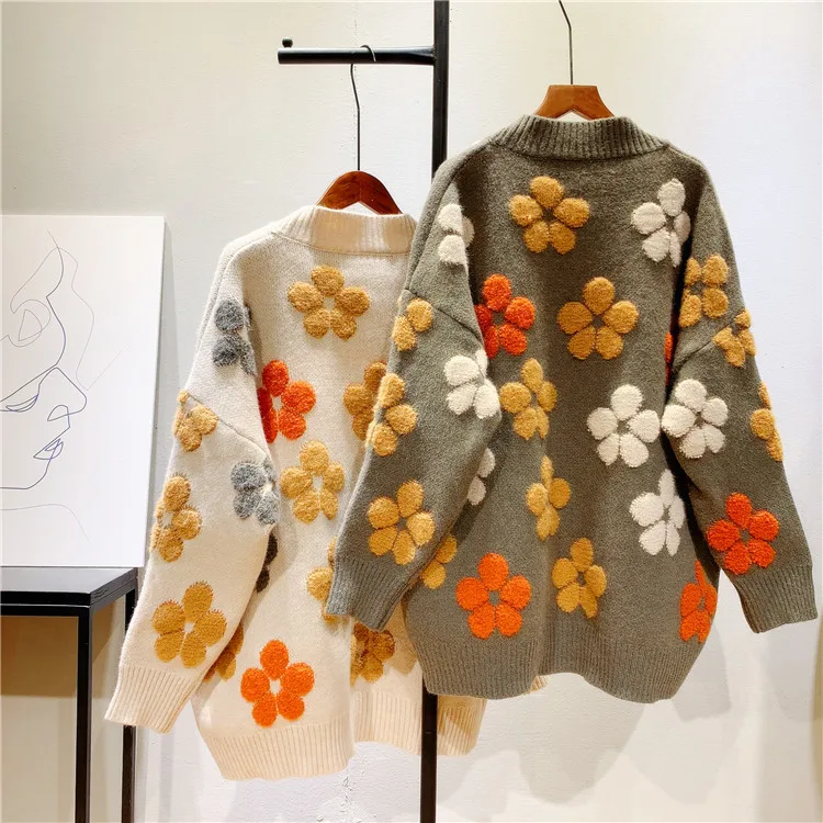 Женский осенний свитер с V-образным вырезом пальто цветочным принтом женский