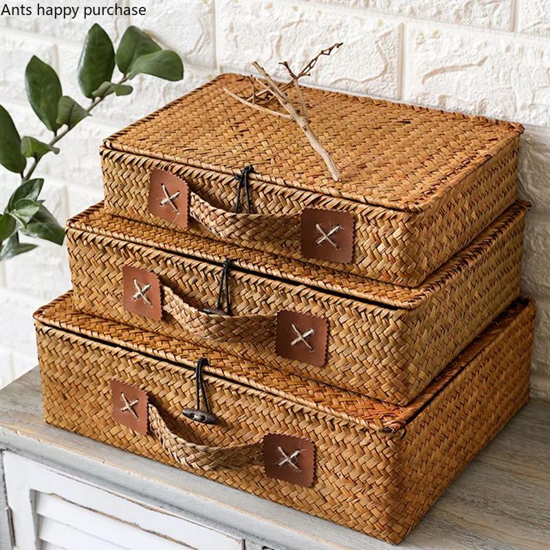 Японская солома с ручкой ящик для хранения прямоугольный портативный чемодан