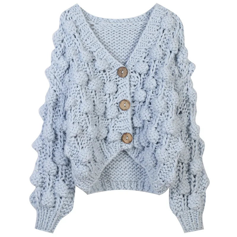 

2021 Autumn and Winter New Women's V-neck Long Sleeve Solid Color Crocheted Hollow Loose Sweet Knitted Cardigan Thick in Stock