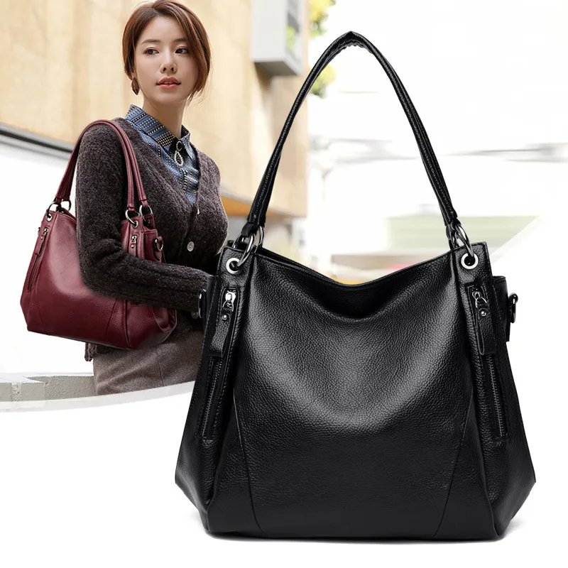 

Quality Black Women Handbag Female Shoulder Bags Large Capacity good Genuine Cow Leather Casual Totes Bag Big Ladies Bucket Bags