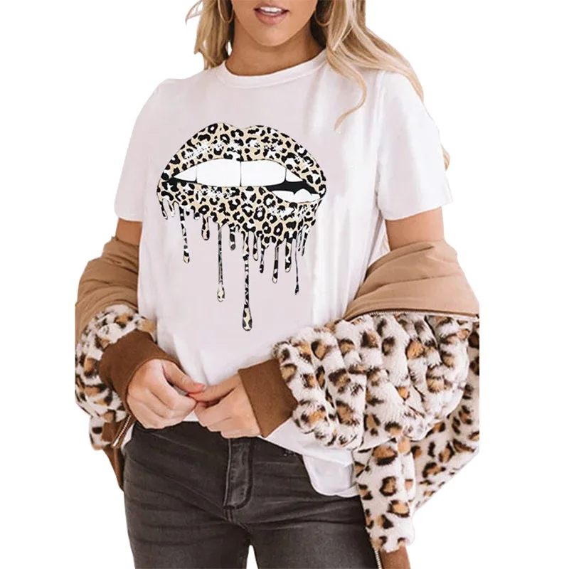 Женская Сексуальная футболка с леопардовым принтом и вырезом в виде губ хипстер