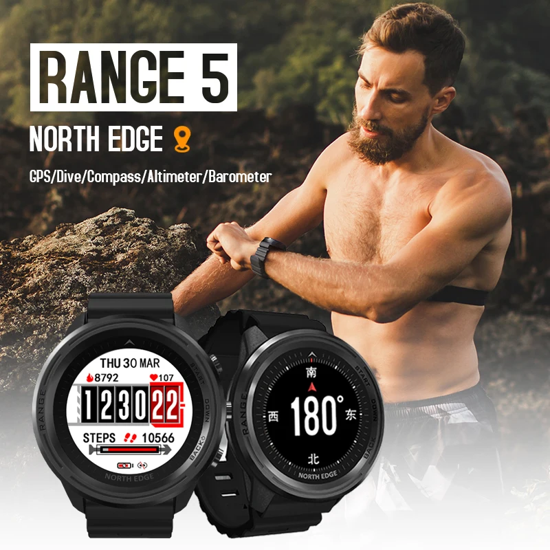 Смарт-часы NORTH EDGE мужские для спорта умные спортивные водонепроницаемые часы с GPS