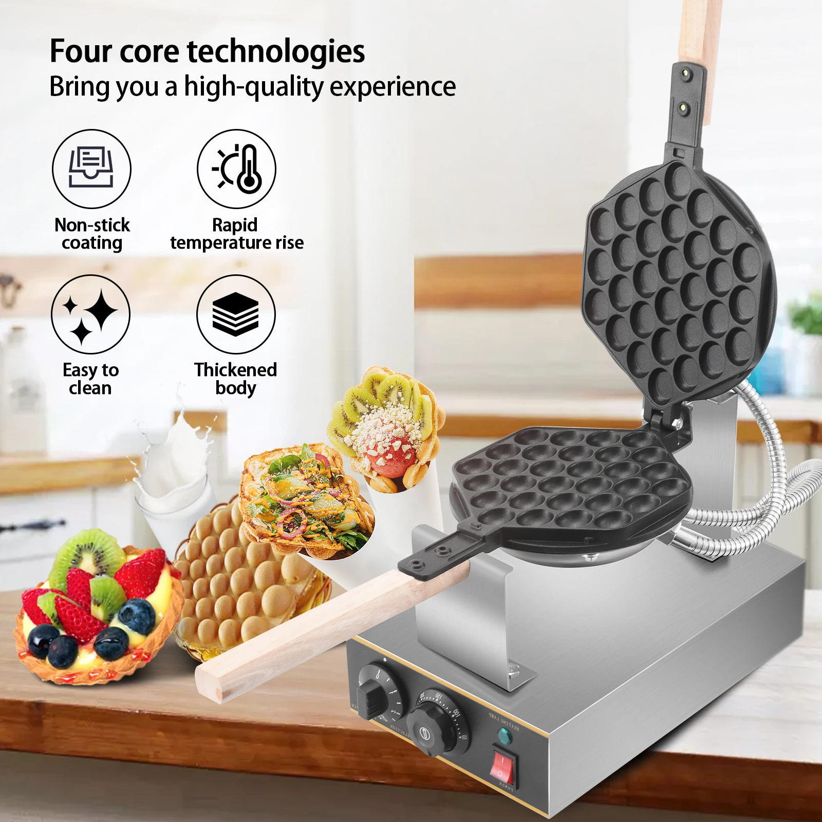 

1400W Bubble Waffle Maker 30pcs Professional Bubble Egg Waffles Cake Machine Waffle Baker 180 Rotatable Temperature Time Adjust