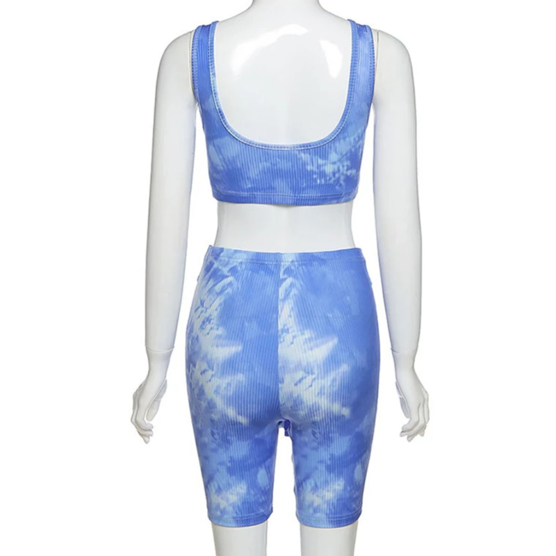 

2Pce/Set Women Tie Dye Set Sexy Sling Sport Vest Tops Lace Up Bow Shorts Set Beachwear High Waist Fitness Suit