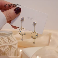obear 14k real gold electroplating korean geometric crystal moon star pearl tassel water drop stud earrings women fashion party