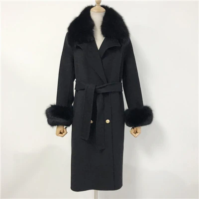 Black MAOMAOFUR кашемировое шерстяное пальто воротник из натурального Лисьего меха пиджак с манжетами с поясом Зима Осень Женское шерстяное пальто - Цвет: Black