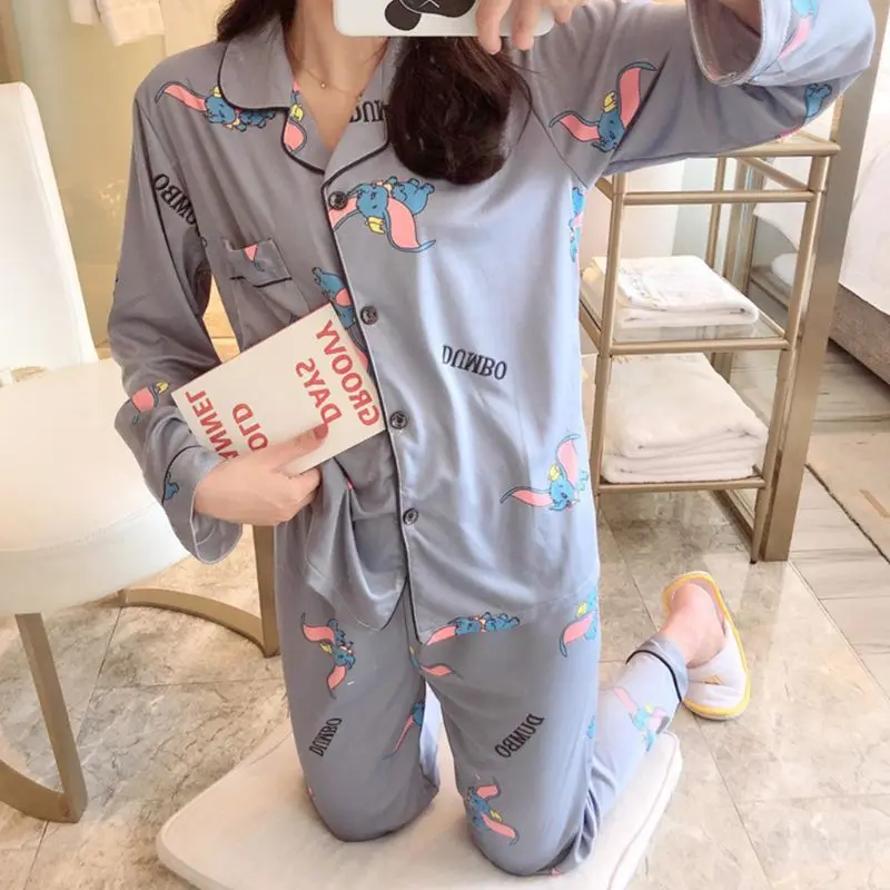 Женский пижамный комплект Kawaii С мультяшным принтом, пижама с длинным рукавом, на пуговицах, с круглым вырезом, свободные штаны, домашняя одежда, M-2XL, 19 видов стилей