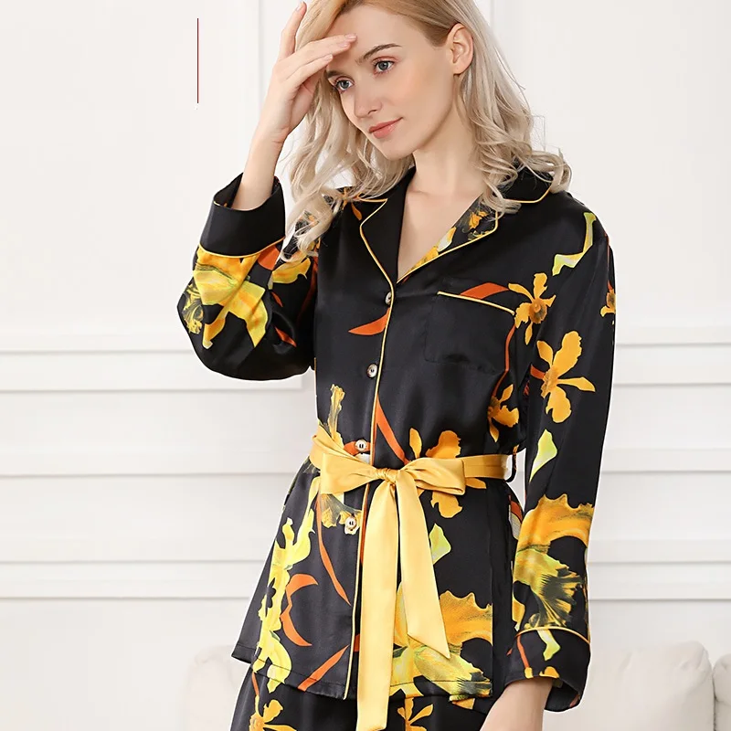 Silk Stain Pajamas 2020 Flower Print Full Sleeve Woman Spring Summer New Homewear 100% Silk Sleepwear Sets Home Wears XL