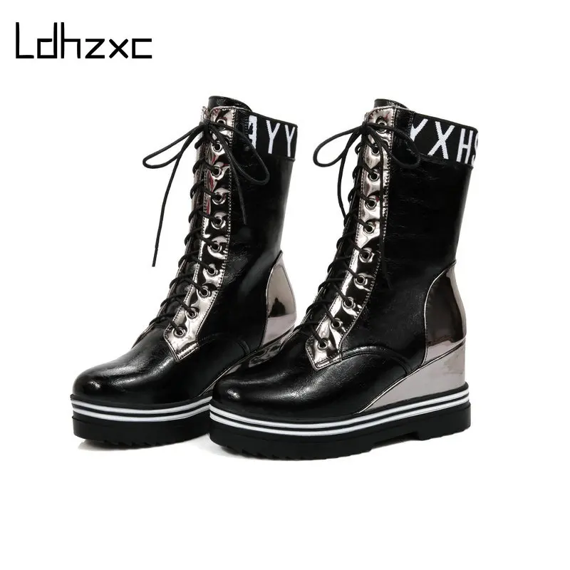 

LDHZXC Hot Sale Autumn Lacing Mid-calf Boots Women Fashion Wedges High Heel Platform Woman PU Leather Shoes Large Size 43