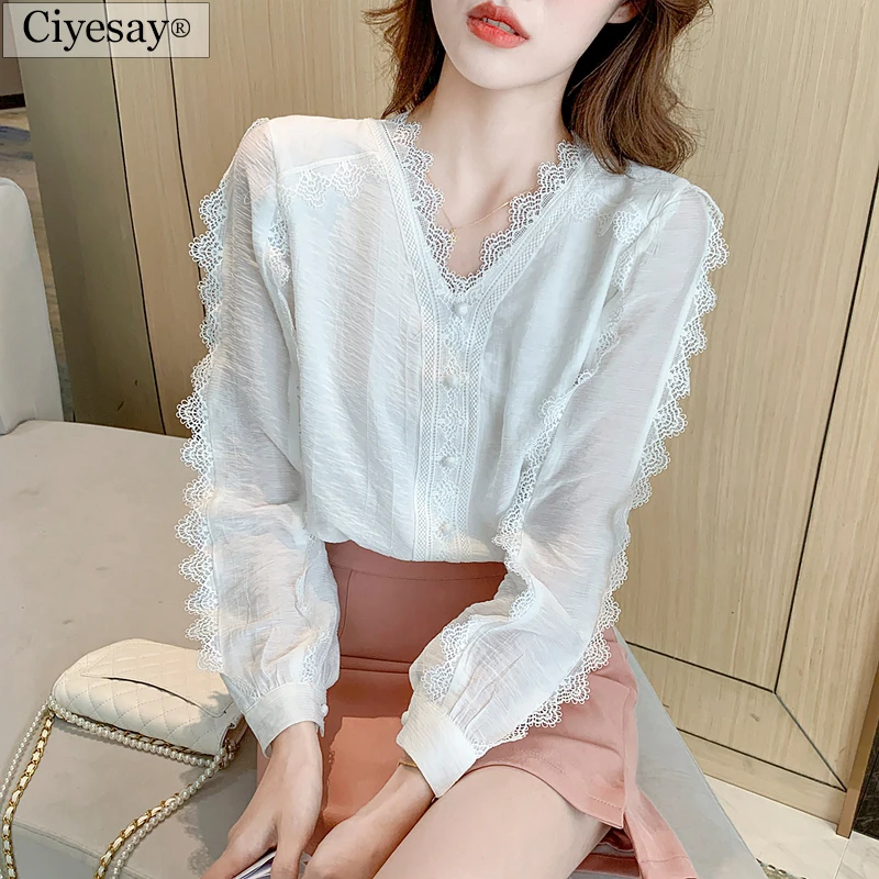 

Корейская модная шифоновая блузка Ciyesay, Женская Осенняя блузка, белая кружевная блузка с длинным рукавом, женская элегантная блузка, 2021
