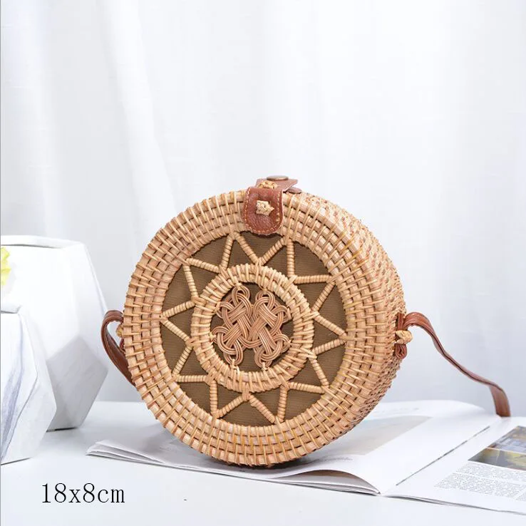 Tan H 18X8cm Солнечный пляж, ручные тканые сумки, круглая сумка с пряжкой, Ротанговые соломенные сумки, ранец, богемная пляжная круглая сумка - Цвет: Tan H 18X8cm