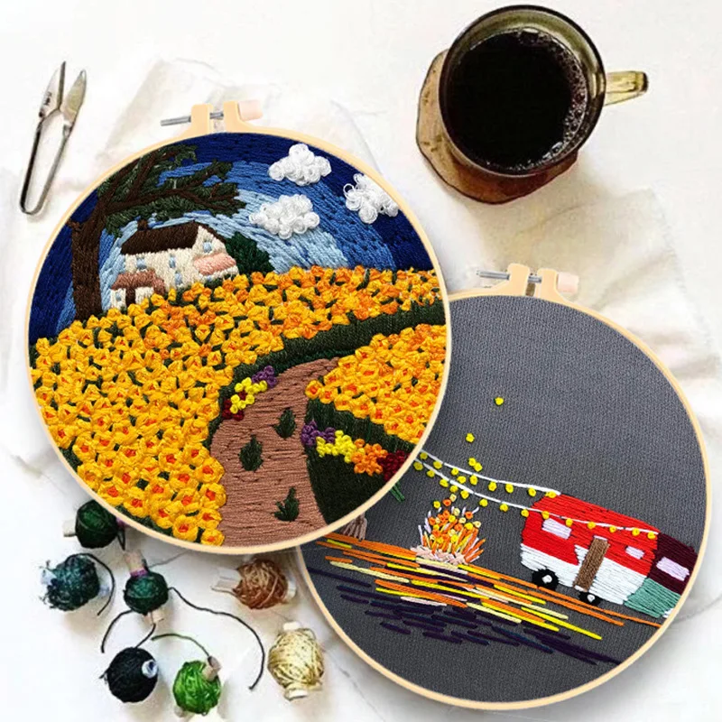 Sunflower Sea Embroidery Kit DIY Needlework Travel Trailer  Needlecraft for Beginner Cross Stitch Artcraft(With Hoop)