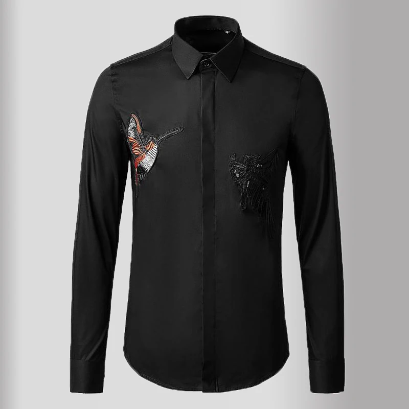 

New Long Sleeve Mens Shirts Luxury Badge Bird Embroidery Solid Color Mens Dress Shirts Fashion Slim Fit Casual Man Shirts